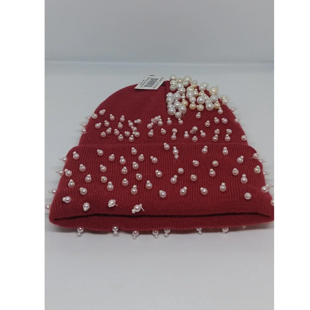 Red Burgundy Faux Pearl Hand Beaded Knit Cuffed Beanie Hat